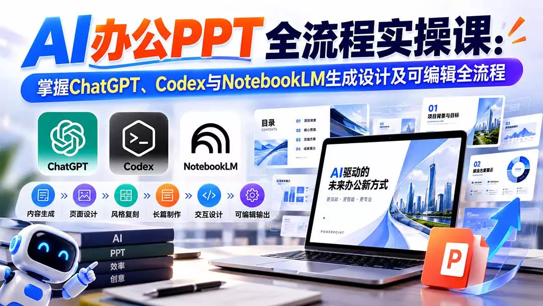 【无水印】AI办公PPT全流程实操课： 掌握ChatGPT、Codex与NotebookLM生成设计及可编辑全流程-易创网