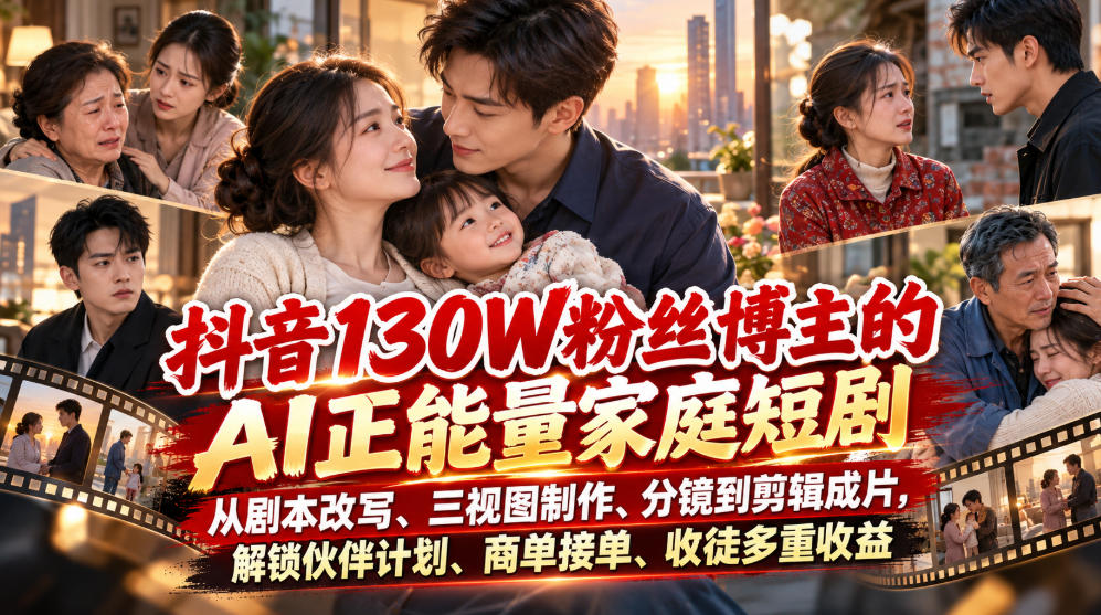 抖音130W粉丝博主的AI正能量家庭短剧，从剧本改写、三视图制作、分镜到剪辑成片，解锁伙伴计划、商单接单、收徒多重收益-易创网