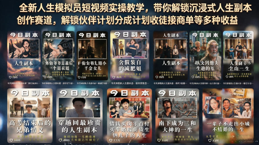 全新人生模拟员短视频实操教学，带你解锁沉浸式人生副本创作赛道，解锁伙伴计划分成计划收徒接商单等多种收益-易创网