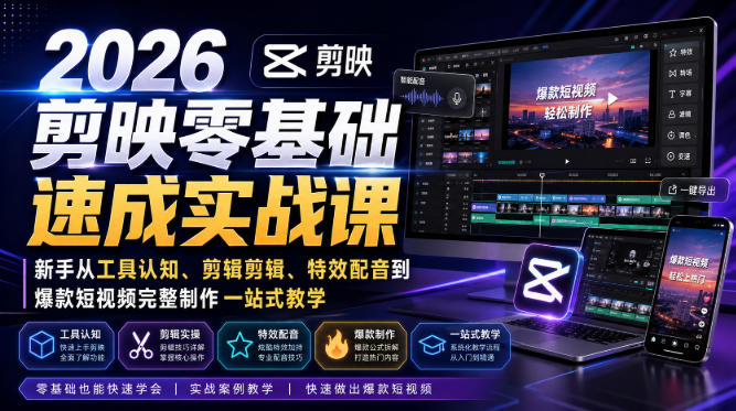2026剪映零基础速成实战课｜新手从工具认知、剪辑剪辑、特效配音到爆款短视频完整制作一站式教学-易创网