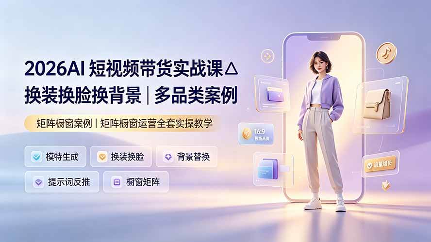 （19470期）2026AI短视频带货实战课△换装换脸换背景｜多品类案例｜矩阵橱窗运营全套实操教学-易创网