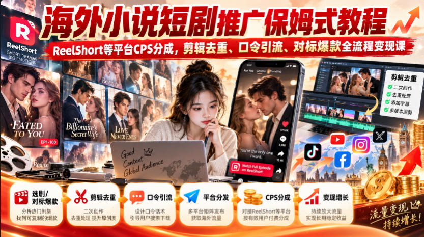 海外小说短剧推广保姆式教程｜ReelShort等平台CPS分成，剪辑去重、口令引流、对标爆款全流程变现课-易创网