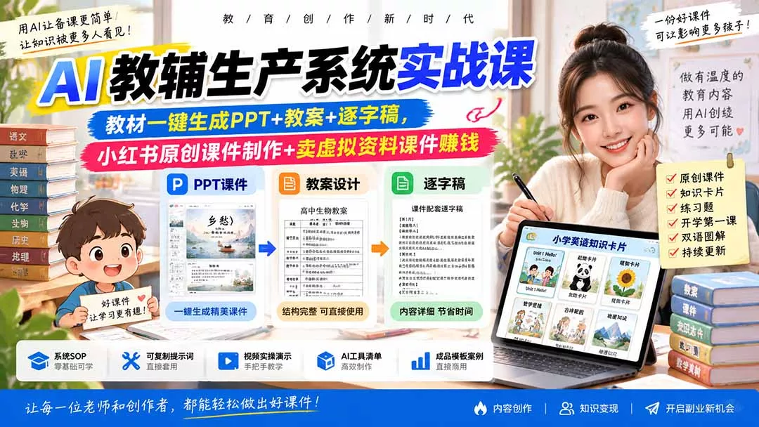 AI教辅生产系统实战课-更新0926|教材一键生成PPT+教案+逐字稿,小红书原创课件制作+卖虚拟资料课件赚钱 AI教辅生产系统实战课-更新0926|教材一键生成PPT+教案+逐字稿,小红书原创课件制作+卖虚拟资料课件赚钱