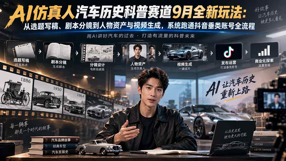 （20413期）AI仿真人汽车历史科普赛道9月全新玩法：从选题写稿、剧本分镜到人物资产与视频生成，系统跑通抖音垂类账号全流程-易创网
