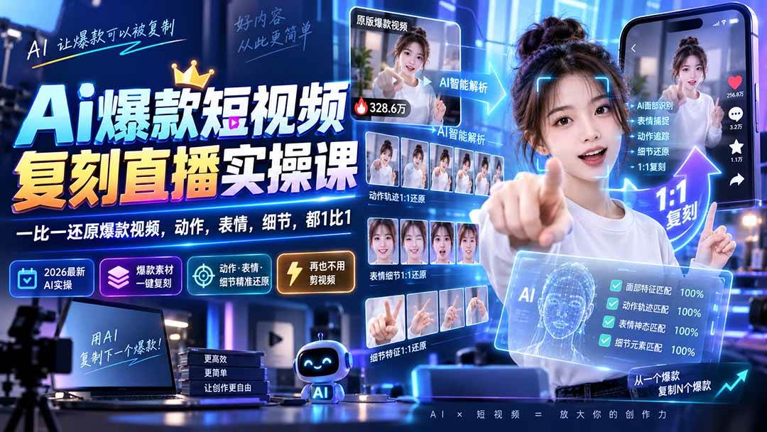 （20304期）最新Ai爆款短视频复刻直播实操课，一比一还原爆款视频，动作，表情，细节，都1比1-易创网