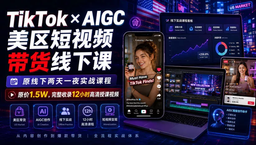 TikTok×AIGC美区短视频带货线下课，原线下两天一夜实战课程，原价1.5W，完整收录12小时高清授课视频-易创网