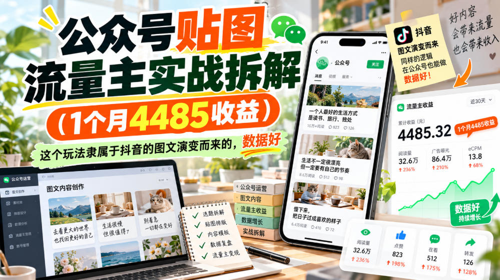 公众号贴图流量主实战拆解(1个月4485收益)，这个玩法隶属于抖音的图文演变而来的，数据好-易创网
