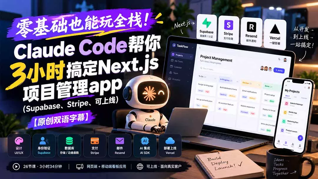 零基础也能玩全栈！Claude Code帮你3小时搞定Next.js项目管理app(Supabase、Stripe、可上线-易创网