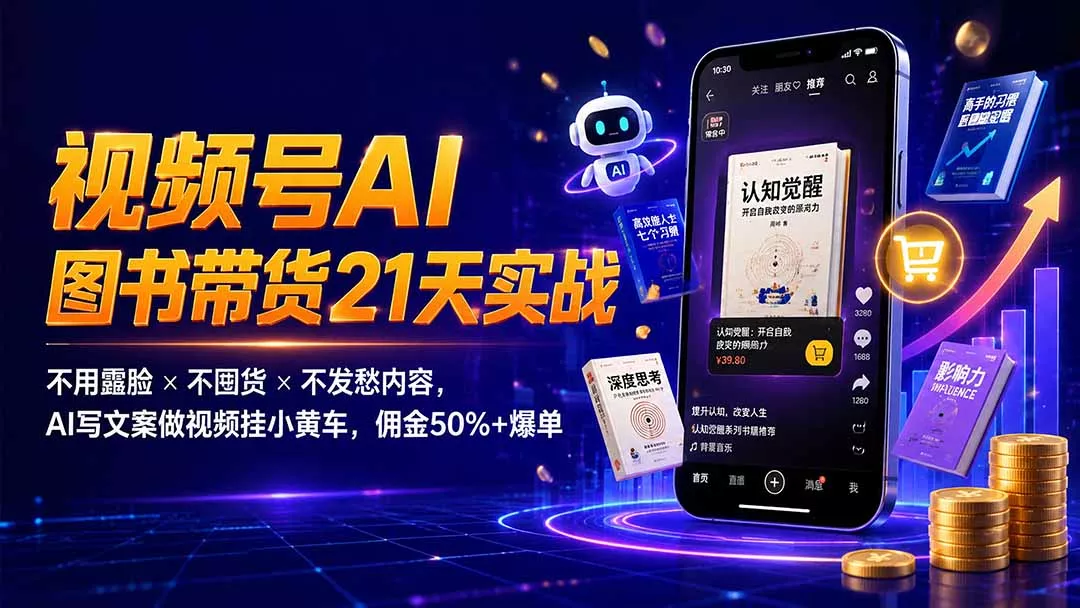 繁花视频号AI图书带货21天实战:不用露脸×不囤货×不发愁内容,AI写文案做视频挂小黄车,佣金50%+爆单 繁花视频号AI图书带货21天实战:不用露脸×不囤货×不发愁内容,AI写文案做视频挂小黄车,佣金50%+爆单