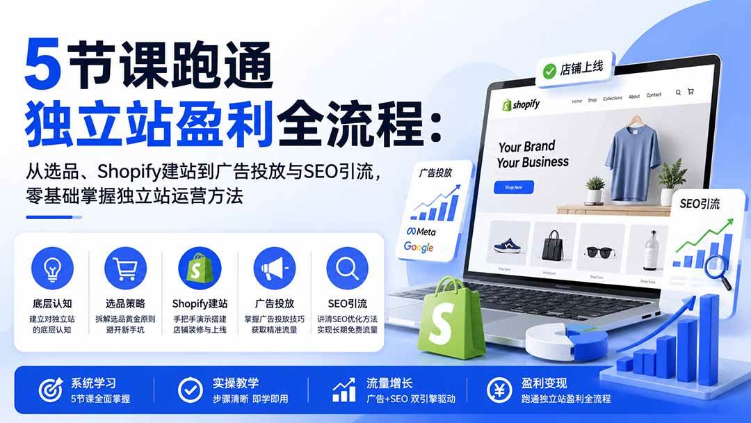 （20316期）5节课跑通独立站盈利全流程：从选品、Shopify建站到广告投放与SEO引流，零基础掌握独立站运营方法-易创网