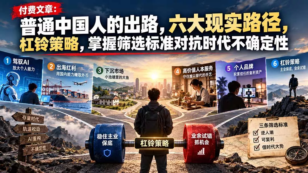 付费文章:普通中国人的出路,六大现实路径,杠铃策略,掌握筛选标准对抗时代不确定性 付费文章:普通中国人的出路,六大现实路径,杠铃策略,掌握筛选标准对抗时代不确定性