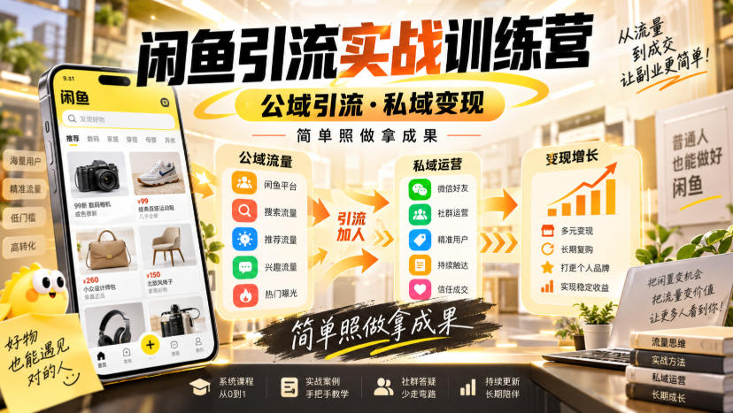 闲鱼引流实战训练营，公域引流·私域变现，简单照做拿成果-易创网