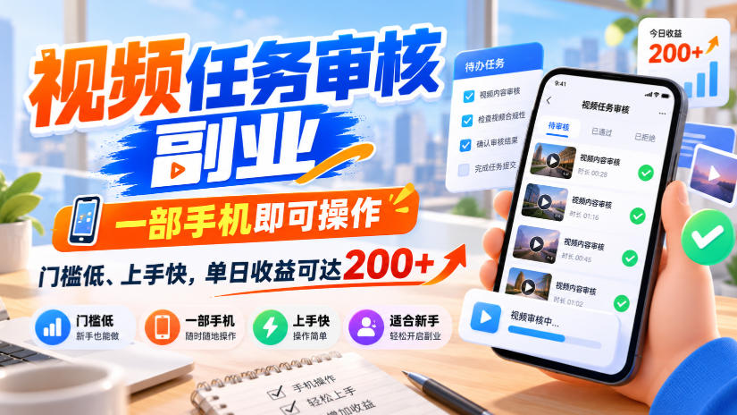 视频任务审核副业，一部手机即可操作，门槛低、上手快，单日收益可达200+【揭秘】-易创网