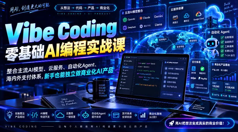 Vibe Coding零基础AI编程实战课-无水印，整合主流AI模型、云服务、自动化Agent、海内外支付体系，新手也能独立做商业化AI产品-易创网