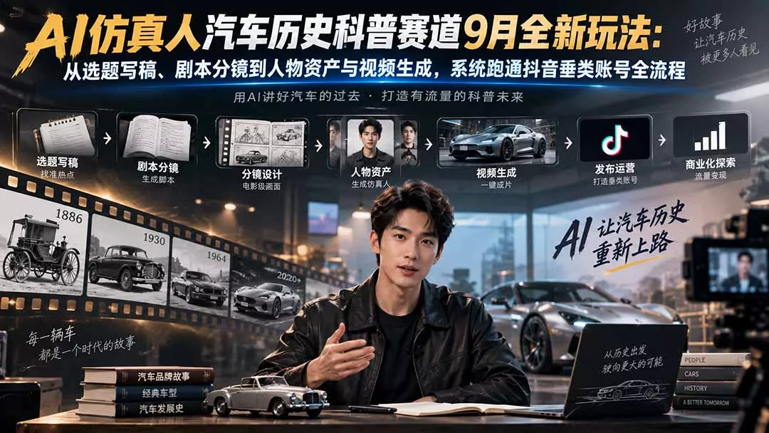 AI仿真人汽车历史科普赛道9月全新玩法：从选题写稿、剧本分镜到人物资产与视频生成，系统跑通抖音垂类账号全流程-易创网