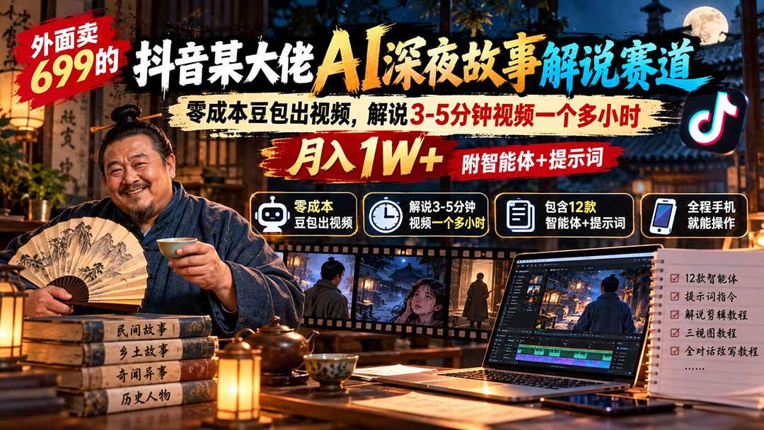 （20853期）外面卖699抖音某大佬AI深夜故事解说赛道-更新：0成本豆包出视频+解说3-5分钟视频一个多小时，月入1W+附智能体+提示词-易创网