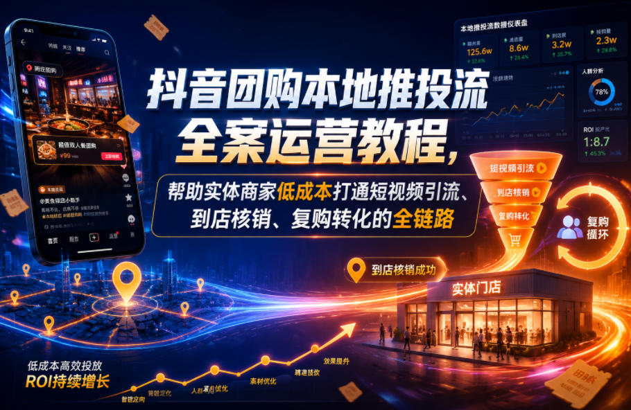 抖音团购本地推投流全案运营教程，帮助实体商家低成本打通短视频引流、到店核销、复购转化的全链路-易创网