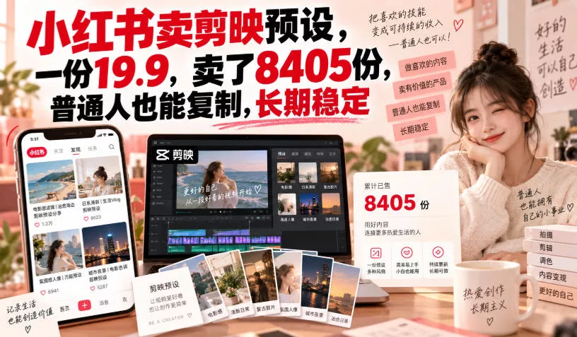 小红书卖剪映预设，一份19.9，卖了8405份，普通人也能复制，长期稳定-易创网