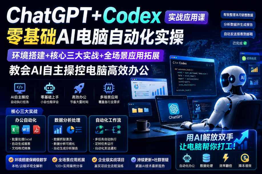 ChatGPT+Codex实战应用课｜零基础AI电脑自动化实操，环境搭建+核心三大实战+全场景应用拓展，教会AI自主操控电脑高效办公-易创网