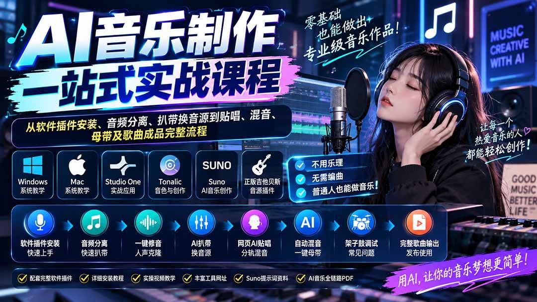 （20490期）AI音乐制作一站式实战课程：从软件插件安装、音频分离、扒带换音源到贴唱、混音、母带及歌曲成品完整流程-易创网