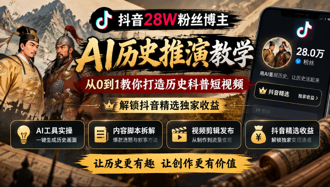 抖音28W粉丝博主的AI历史推演教学，从0到1教你打造历史科普短视频，解锁抖音精选独家收益-易创网