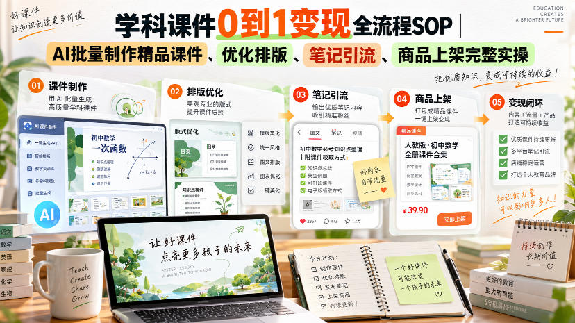 学科课件0到1变现全流程SOP｜AI批量制作精品课件、优化排版、笔记引流、商品上架完整实操-易创网