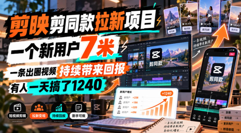 剪映剪同款拉新项目，一个新用户7米，一条出圈视频持续带来回报，有人一天搞了1240-易创网