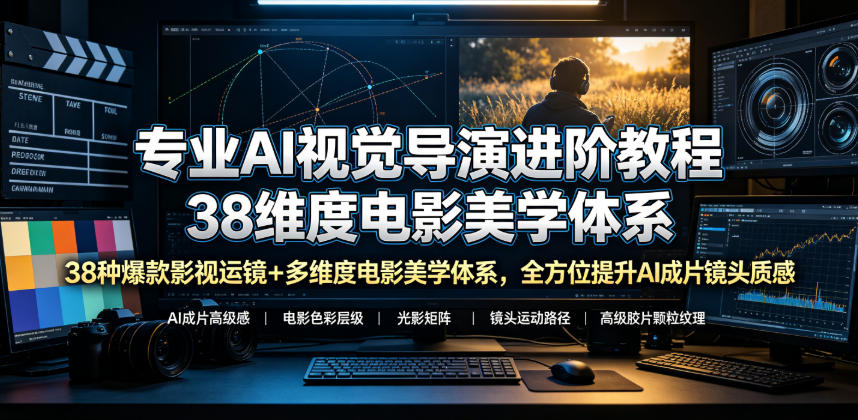 专业AI视觉导演进阶教程，38种爆款影视运镜+多维度电影美学体系，全方位提升AI成片高级感与镜头质感-易创网