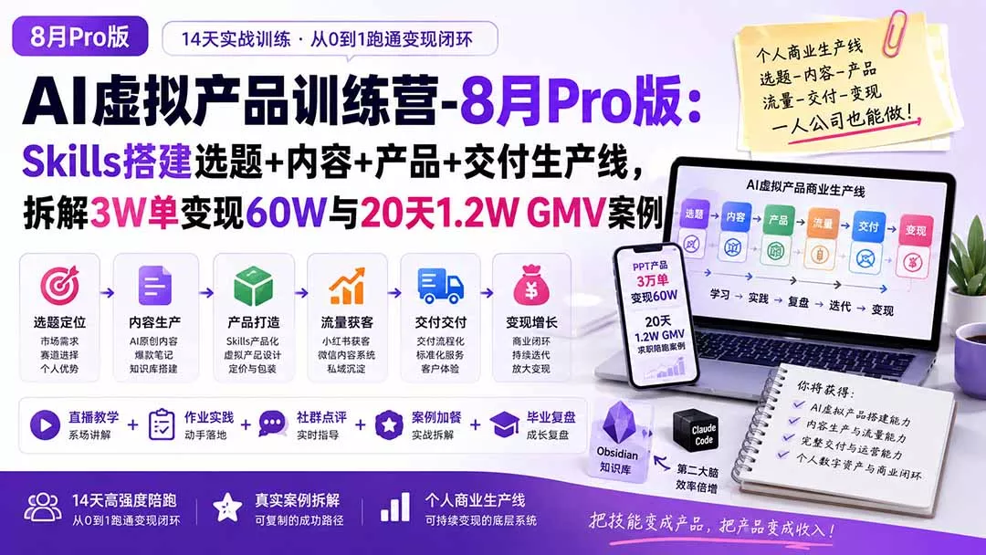 AI虚拟产品训练营-8月Pro版-更新:Skills搭建选题+内容+产品+交付生产线,拆解3W单变现60W与20天1.2W GMV案例 AI虚拟产品训练营-8月Pro版-更新:Skills搭建选题+内容+产品+交付生产线,拆解3W单变现60W与20天1.2W GMV案例