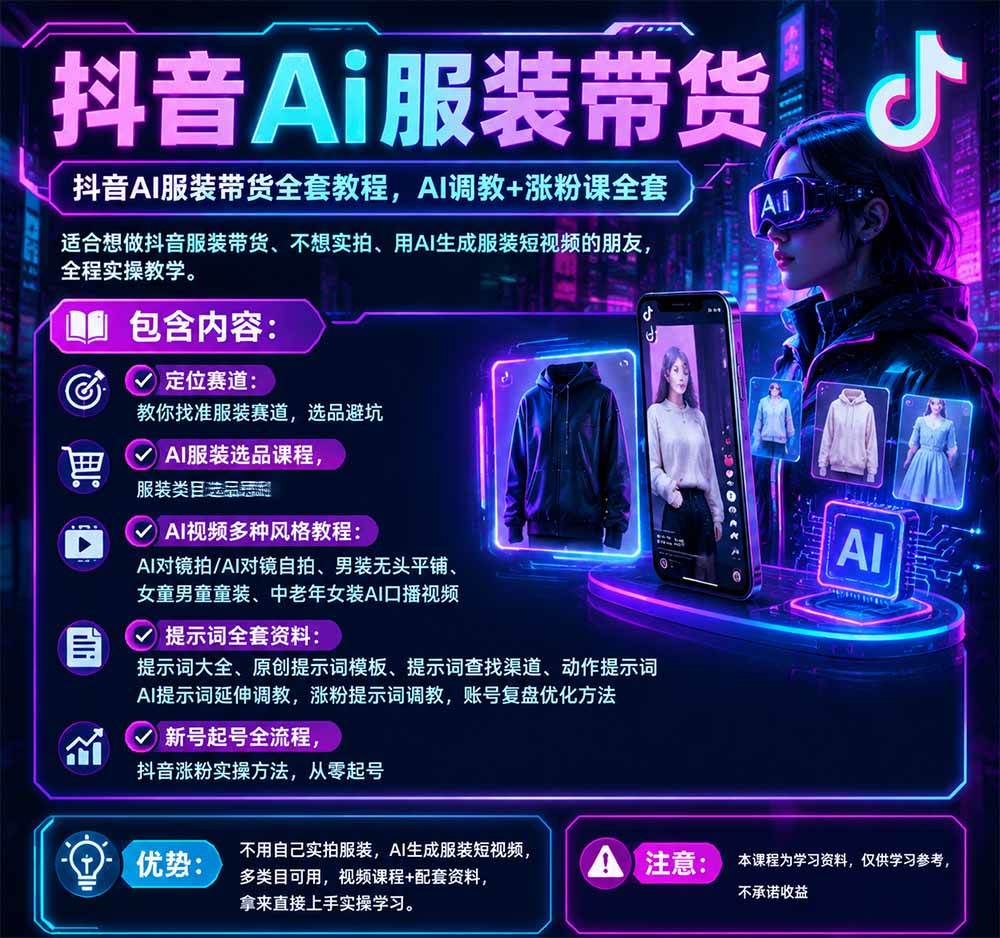 （20960期）不用真人出镜的抖音AI服装带货课：AI对镜自拍、童装男装女装视频制作、起号涨粉，附提示词大全与调教模板-易创网