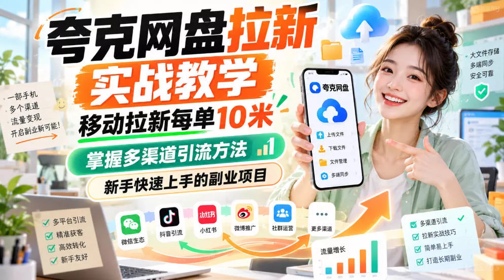 夸克网盘拉新实战教学，移动拉新每单10米，掌握多渠道引流方法，新手快速上手的副业项目(更新0929)-易创网
