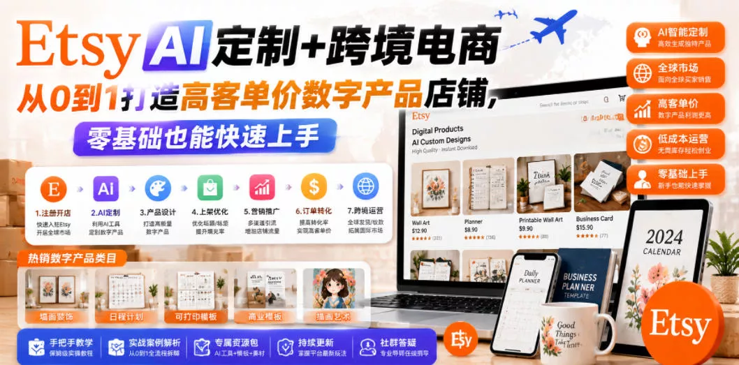 Etsy AI定制+跨境电商，从0到1打造高客单价数字产品店铺，零基础也能快速上手-易创网