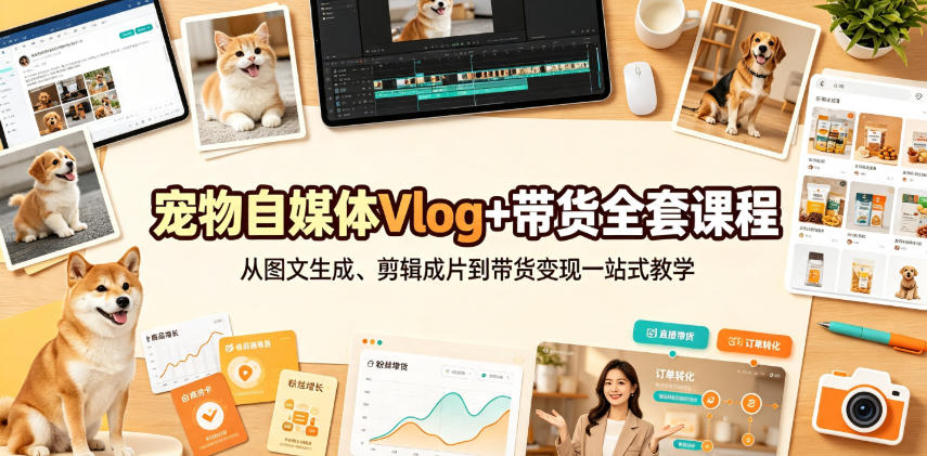 宠物自媒体Vlog+带货全套课程｜从图文生成、剪辑成片到带货变现一站式教学-易创网