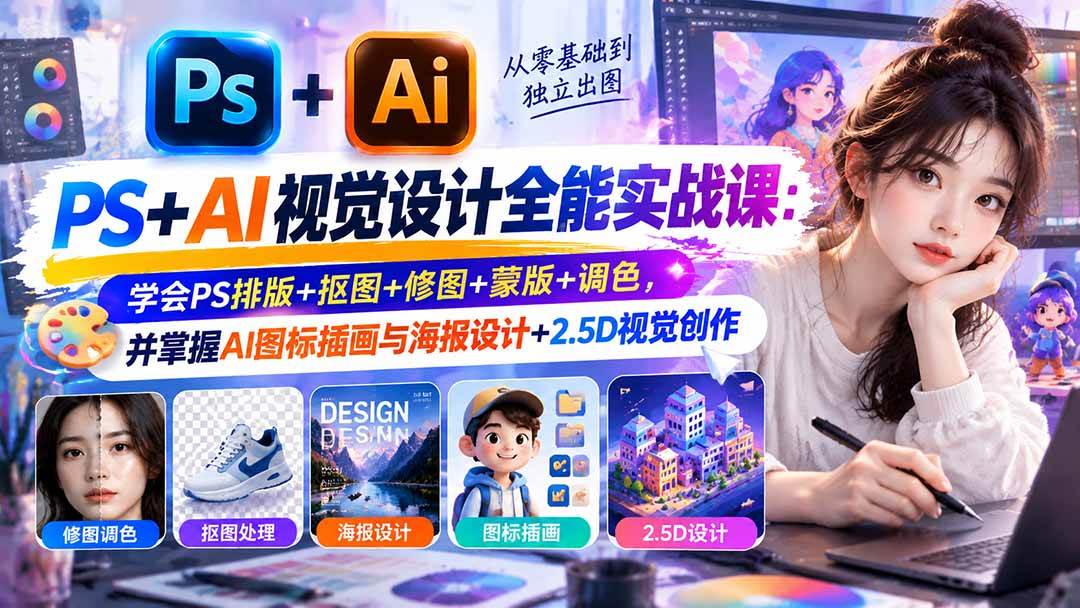 （20749期）【无水印】PS+AI视觉设计全能实战课：学会PS排版+抠图+修图+蒙版+调色，并掌握AI图标插画与海报设计+2.5D视觉创作-易创网