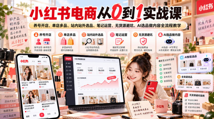 小红书电商从0到1实战课｜养号开店、单店多品、站内站外选品、笔记运营、无货源避坑、AI选品做内容全流程教学-易创网