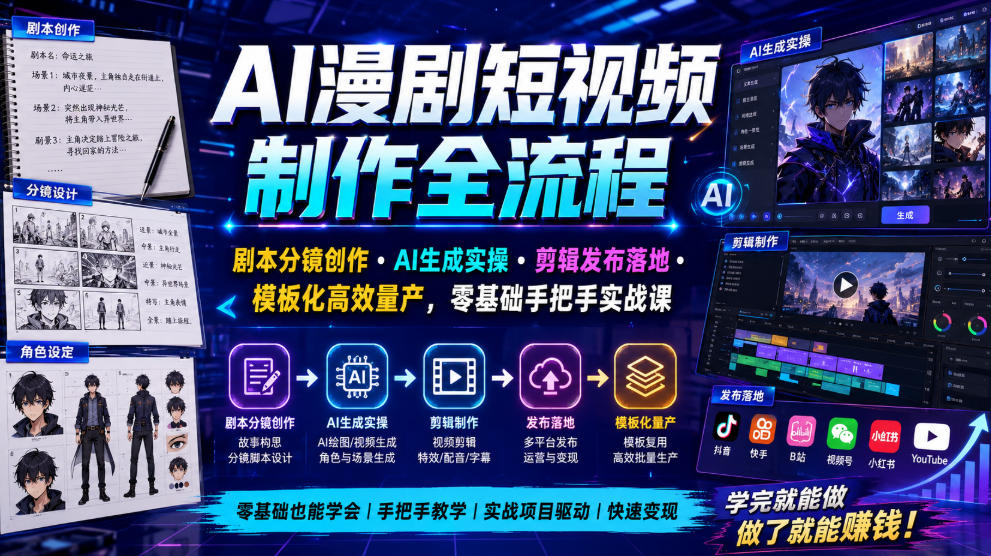 AI漫剧短视频制作全流程｜剧本分镜创作・AI生成实操・剪辑发布落地・模板化高效量产，零基础手把手实战课-易创网