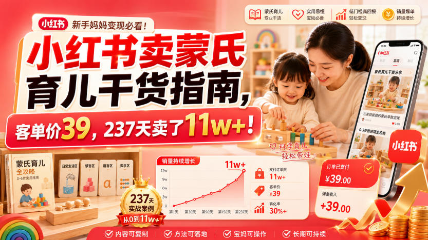 小红书卖蒙氏育儿干货指南，客单价39，237天卖了11w+！-易创网