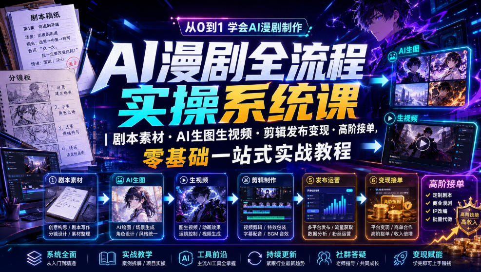 AI漫剧全流程实操系统课｜剧本素材・AI生图生视频・剪辑发布变现・高阶接单，零基础一站式实战教程-易创网