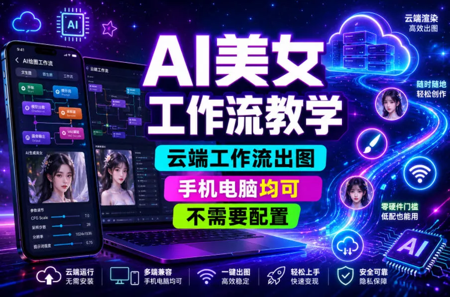 AI美女工作流教学，云端工作流出图，手机电脑均可，不需要配置，快速起号涨粉-易创网