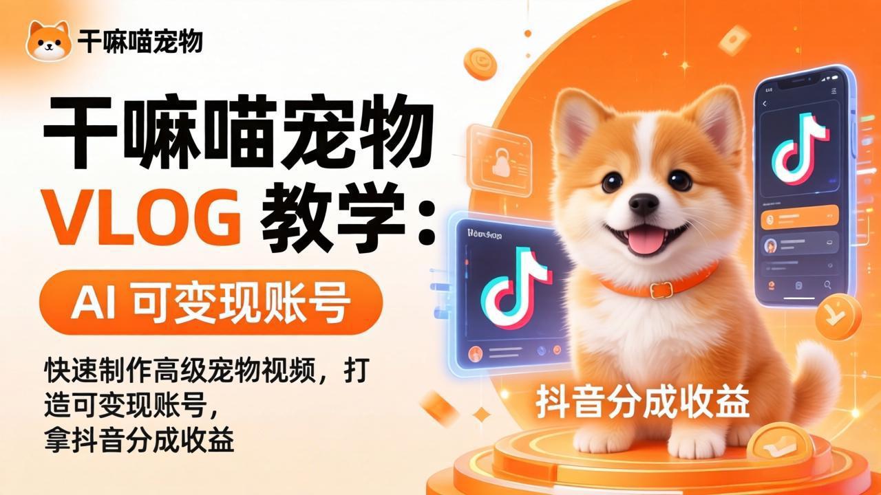 干嘛喵宠物 VLOG 教学：AI 快速制作高级宠物视频，打造可变现账号，拿抖音分成收益-易创网