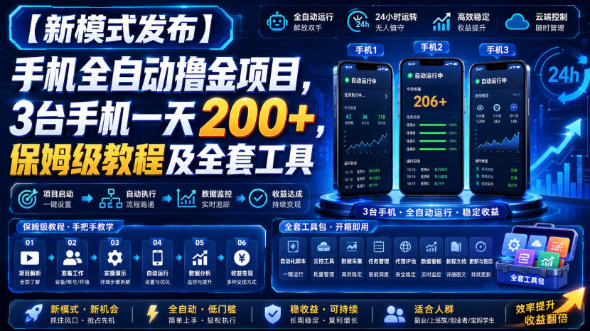 【新模式发布】手机全自动撸金项目，3台手机一天200+，保姆级教程及全套工具【揭秘】-易创网