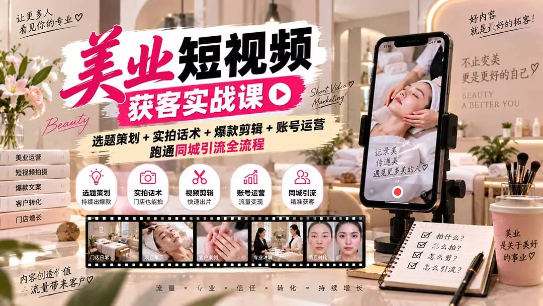 美业短视频获客实战课-无水印：选题策划+实拍话术+爆款剪辑+账号运营，跑通同城引流全流程-易创网