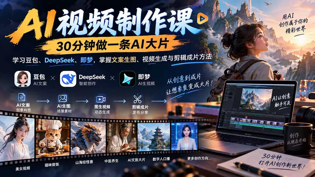 AI视频制作课-30分钟做一条AI大片：学习豆包、DeepSeek、即梦，掌握文案生图、视频生成与剪辑成片方法-易创网