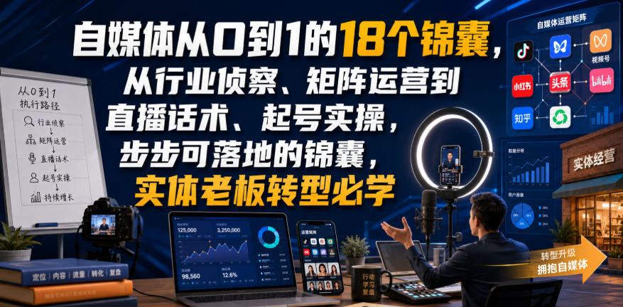 自媒体从0到1的18个锦囊，从行业侦察、矩阵运营到直播话术、起号实操，步步可落地的锦囊，实体老板转型必学-易创网