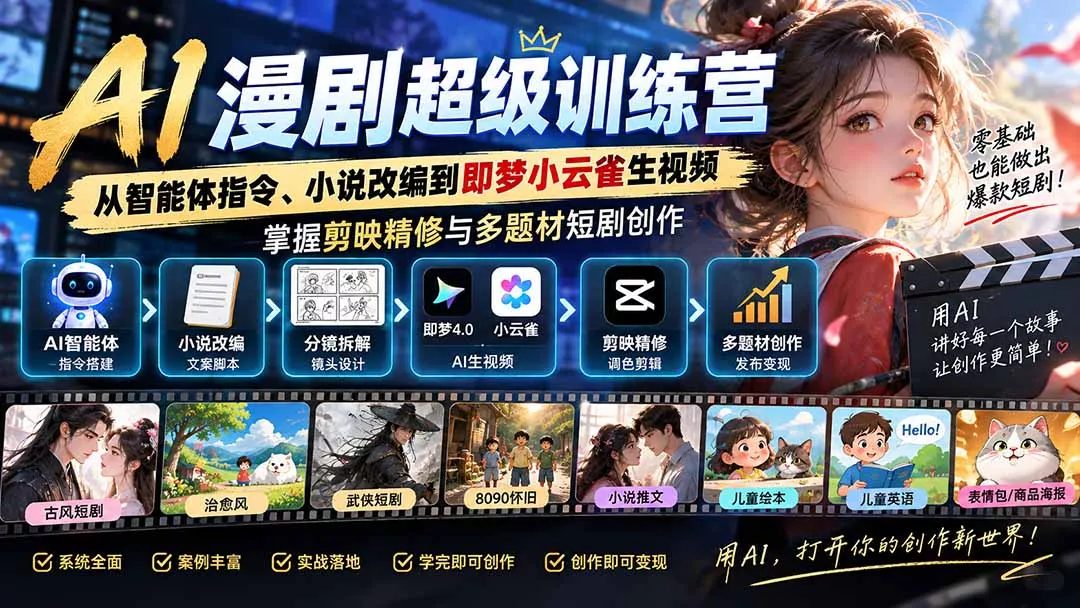 AI漫剧超级特训营:从智能体指令、小说改编到即梦小云雀生视频,掌握剪映精修与多题材短剧创作 AI漫剧超级特训营:从智能体指令、小说改编到即梦小云雀生视频,掌握剪映精修与多题材短剧创作