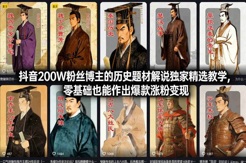 抖音200W粉丝博主的历史题材解说独家精选教学，零基础也能作出爆款涨粉变现网赚项目-副业赚线-互联网创业-资源整合易创网