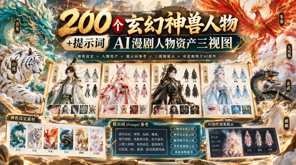 200个玄幻神兽人物+提示词ai漫剧人物资产三视图-易创网