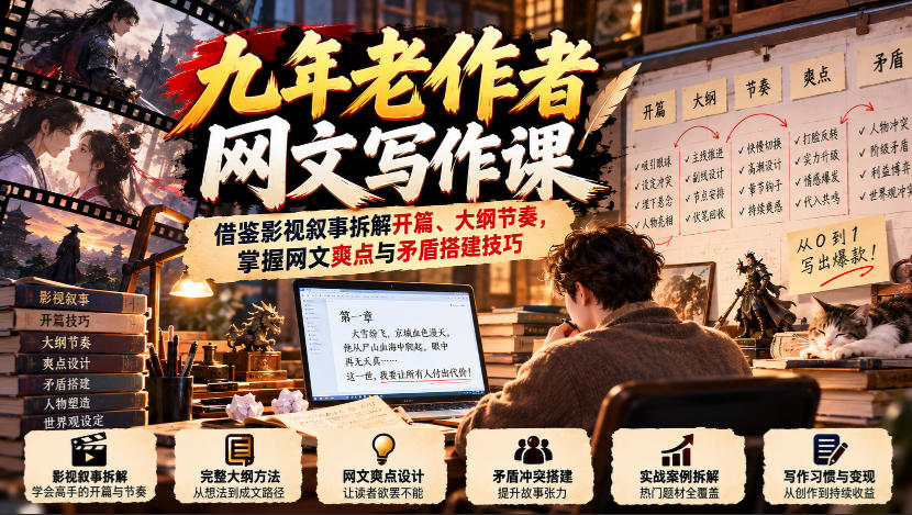 九年老作者网文写作课：借鉴影视叙事拆解开篇、大纲节奏，掌握网文爽点与矛盾搭建技巧-易创网