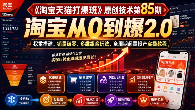 《淘宝天猫打爆班》原创技术第85期，淘宝从0到爆2.0，权重搭建、销量破零、多维组合玩法、全周期起量投产实操教程-易创网