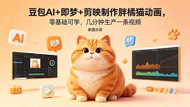 （18431期）豆包AI+即梦+剪映制作胖橘猫动画，零基础可学，几分钟生产一条视频，附提示词-易创网
